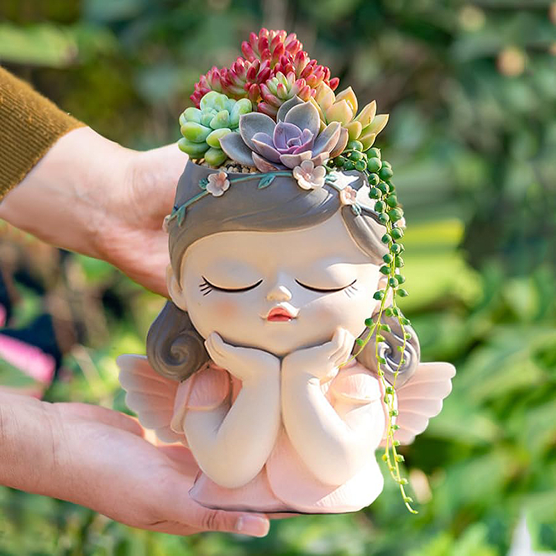 Gardening Tools Cute - 7インチ かわいいエンジェルガールフェイスプランターポット 排水穴付き 樹脂おとぎ話プランター 装飾彫像 ホームオフィス装飾用