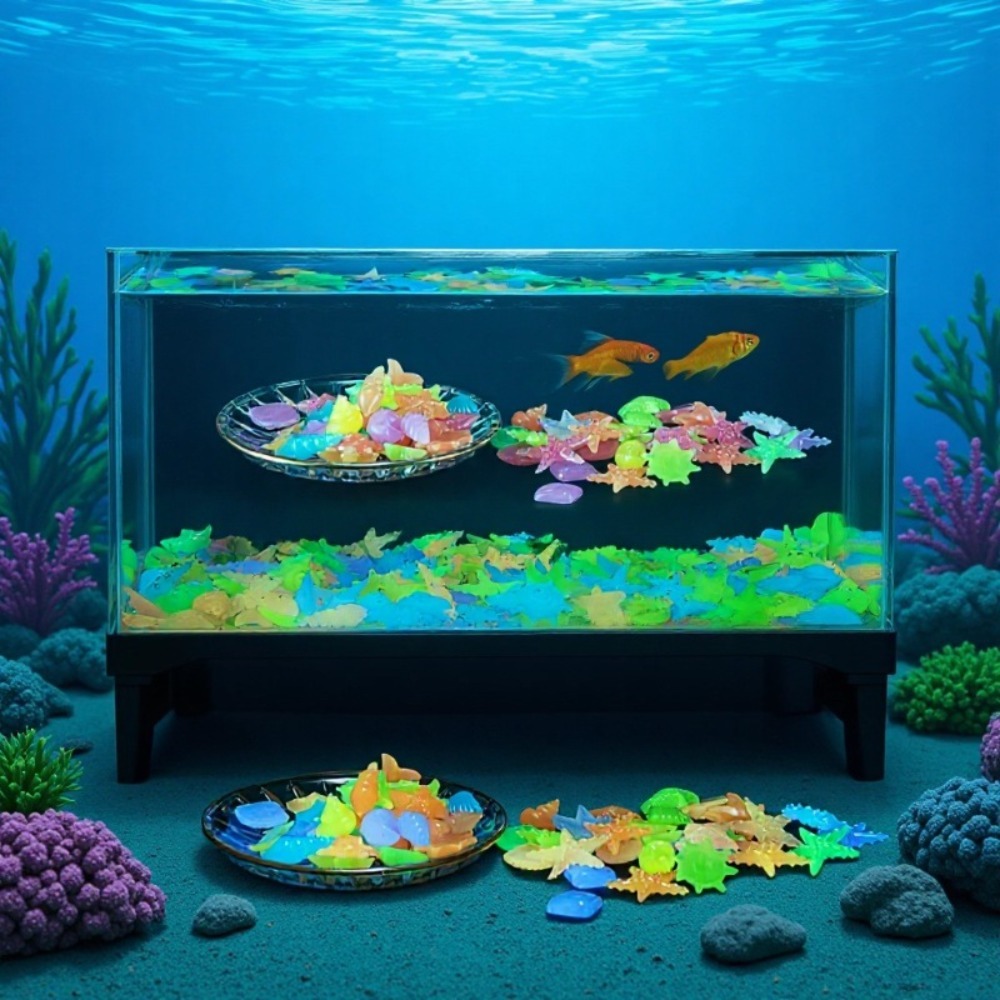 Aquaponics Fish Tank - 光る発光海洋石、蛍光貝殻、カラフルなヒトデ、水槽の景観装飾用、暗闇で光る