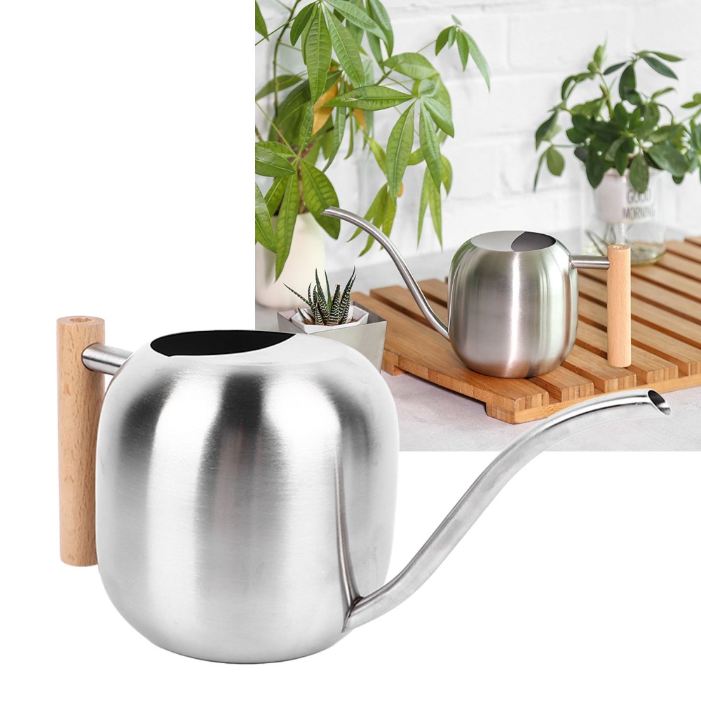 Watering Can Long Spout - 1200MLじょうろ、長い注ぎ口、木製ハンドル、花用じょうろ、滑り止めハンドル、ステンレス製ガーデンじょうろ