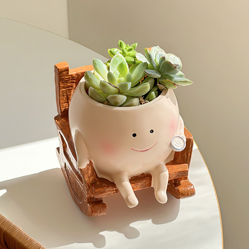 Gardening Tools Cute - スタイリッシュで可愛い漫画風ゴースト樹脂製多肉植物プランターポット、ロッキングチェア型フラワーポット、自宅やオフィスのデスクデコレーション、ギフトに最適