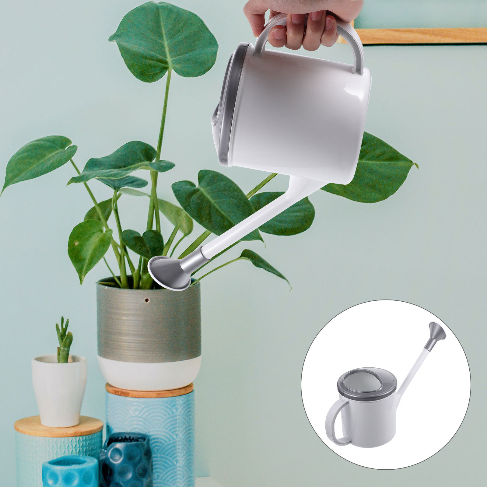 Watering Can Long Spout - 氷河グレーのプラスチック製じょうろ、長い注ぎ口と人間工学に基づいたハンドル付き、屋内外のガーデニング、観葉植物、花、多肉植物用