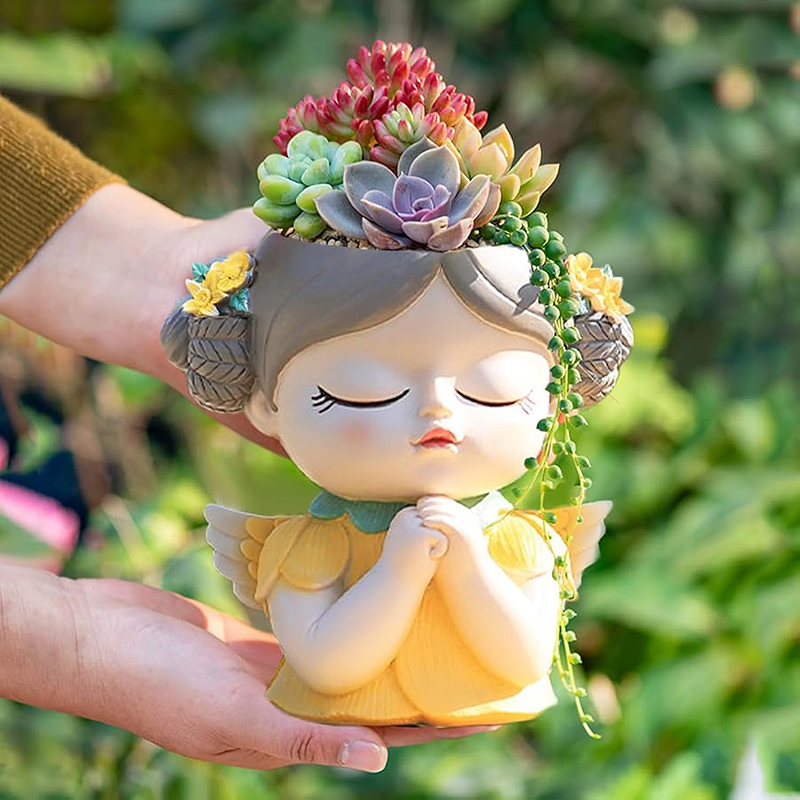7インチ かわいいエンジェルガールフェイスプランターポット  - Gardening Tools Cute のレビューと価格