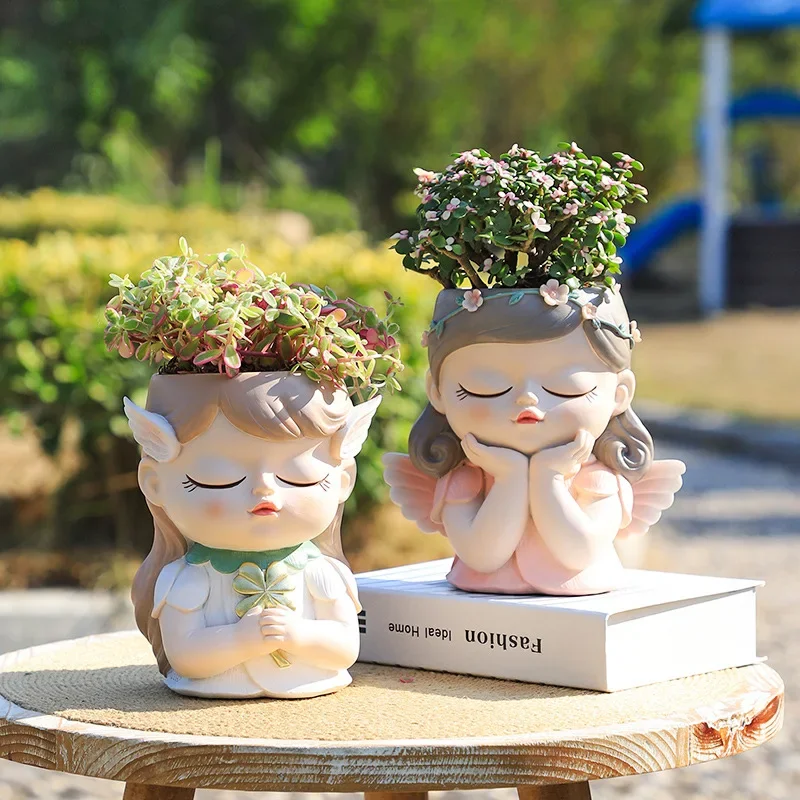 7インチ かわいいエンジェルガールフェイスプランターポット  - Gardening Tools Cute のレビューと価格